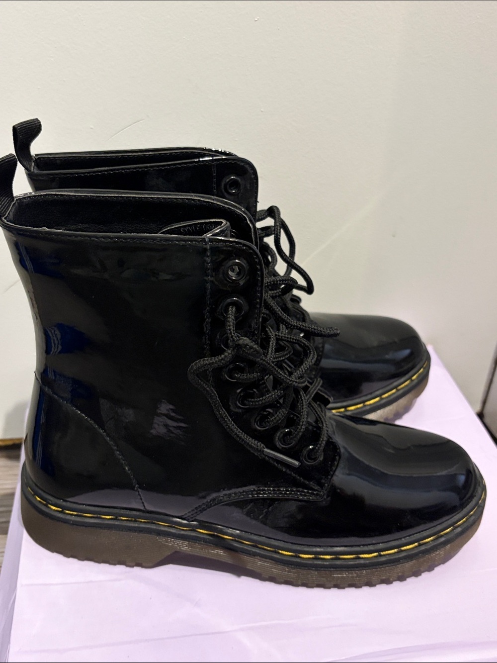 Black Patent Lace-Up Combat Boots - Women's